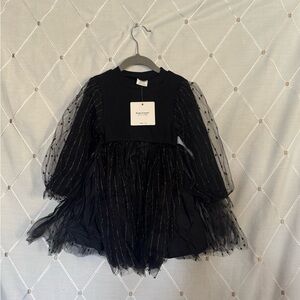 Dudu cream Black Tulle Sparkle Dress with Sheer Polka Dot Sleeves